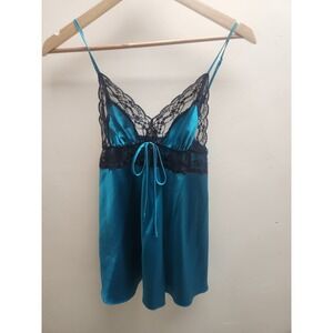 Victorias Secret Teal Satin Lace Trim Chemise Babydoll Nightgown Lingerie Large